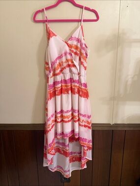 Charming Charlie High Low Maxi Dress Medium Pink Orange Watercolor Stripe